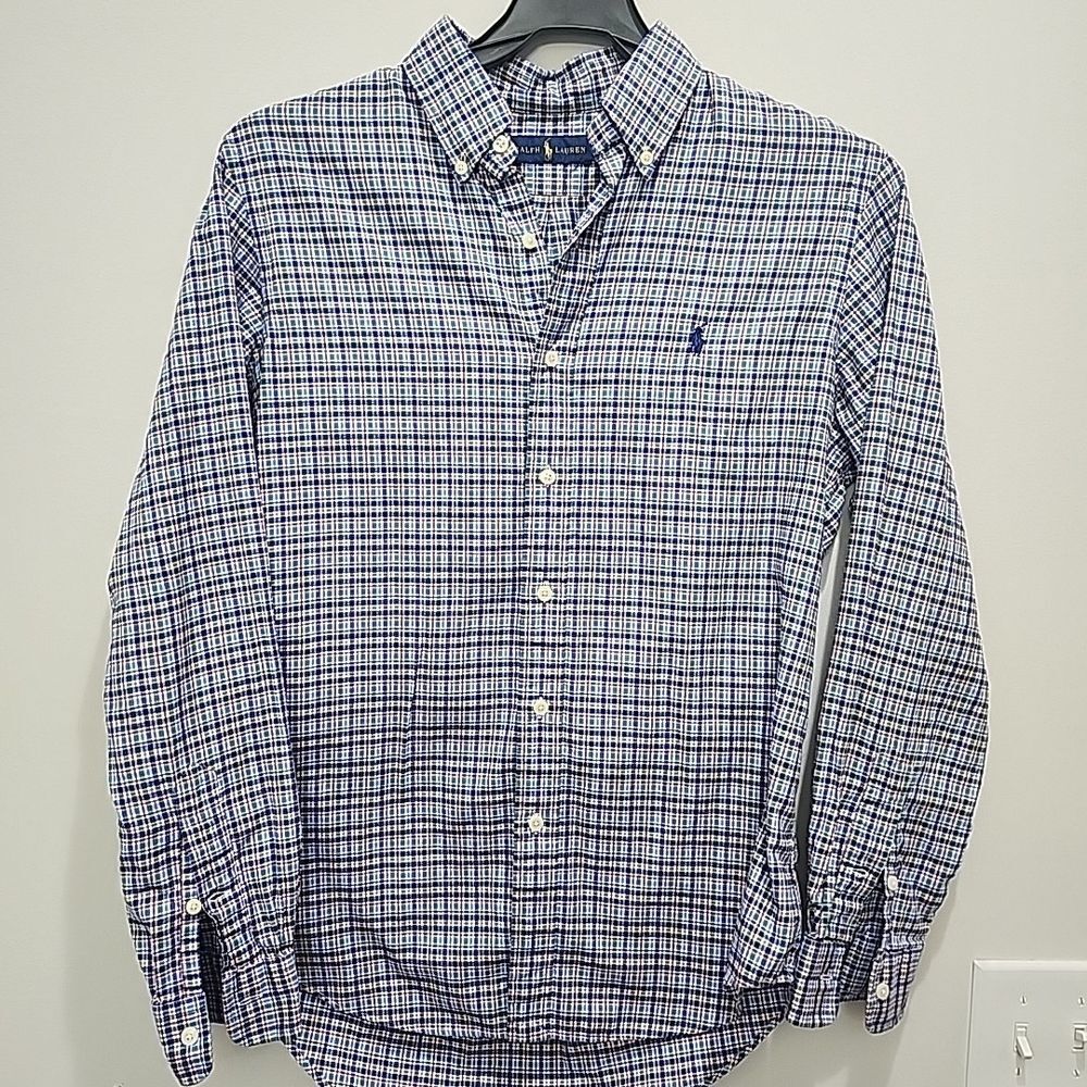 POLO RALPH‎ LAUREN Button Down Classic Fit Cotton Stretch Multi Blue Plaid Sz M - Picture 2 of 7